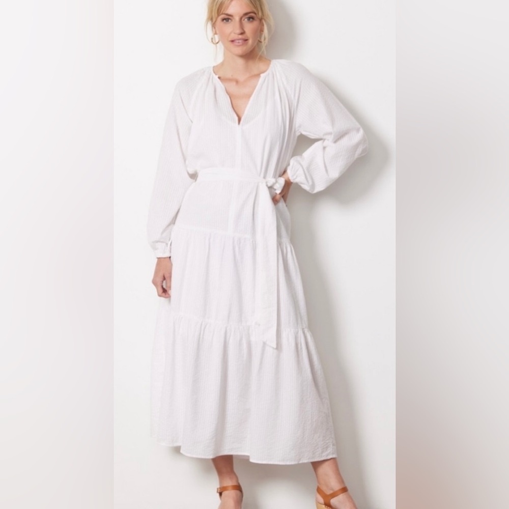 NWT Roan + Ryan for Evereve White Seersucker Tiered Josephina Maxi Dress